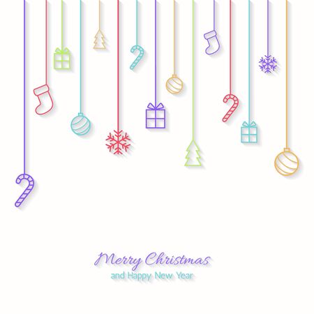 Christmas background. Flat Christmas greeting card with baubles, snowflakes and candy cane, tree, gift icons.のイラスト素材