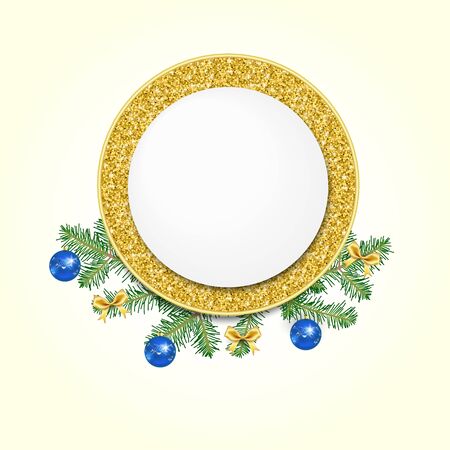 Christmas greeting card. Gold banner with text and fir-tree branches, baubles, bows. Christmas decorationのイラスト素材