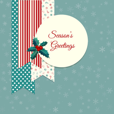Season's greeting. Christmas greeting card with tags and holly.のイラスト素材