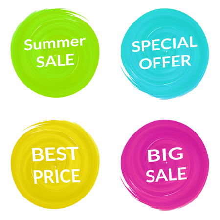 Big sale, spesial offer, summer sale, best price marks on colorful circles isolated on white background.  Special offer and sale tag design template.  Colorful Circles with  promotion text.のイラスト素材