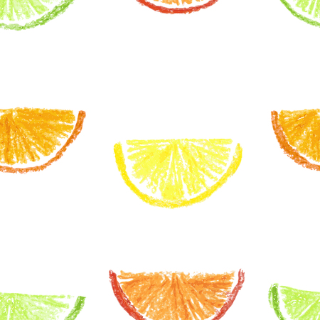 Crayon drawn citrus seamless pattern. Vector illustration.のイラスト素材