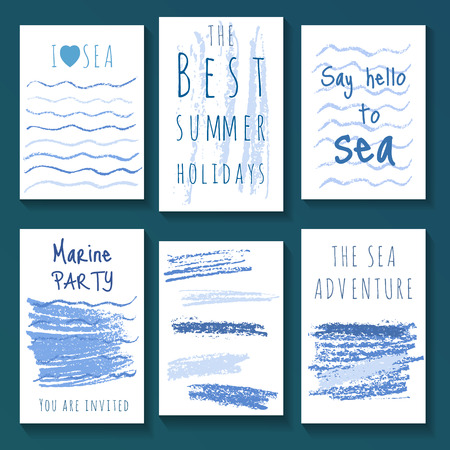 Set of crayon hand drawn creative marine cards. Sea card templates. Summer cards.のイラスト素材