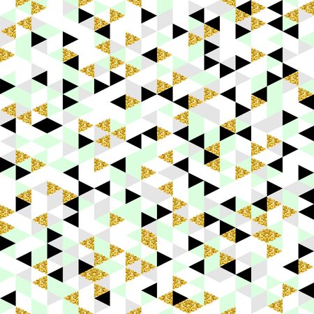 Moderm geometric seamless pattern. Trendy triangular background in gold, pastel green, white,grey and black colors. Abstract design for fashion, card,wrapping, cover, print and wallpaper.のイラスト素材