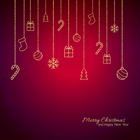 Christmas background . Flat Christmas greeting card with gold baubles, snowflakes and candy cane, tree, gift icons. Red backgroundのイラスト素材