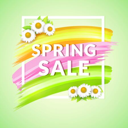 Spring Sale Banner design for promotion. Poster with frame and daisy.の写真素材