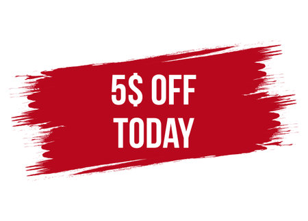 Brush style special offer 5$ off today red vector banner illustration isolated on white backgroundのイラスト素材