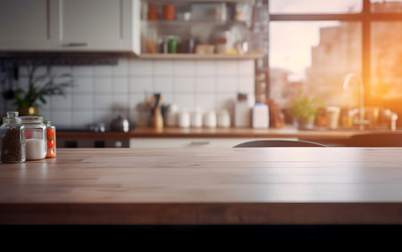 Table Top And Blur Interior of Modern Kitchen. 3d Renderingの素材