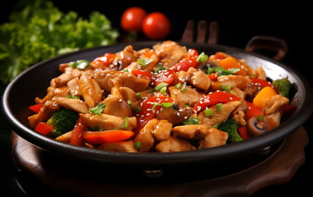 stir-fried chicken with vegetables and sesame on wooden backgroundの素材