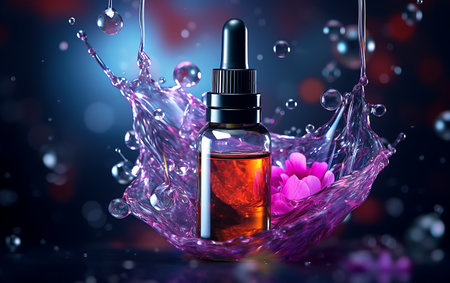 Perfume bottle with colorful drops and splashes on dark backgroundの素材