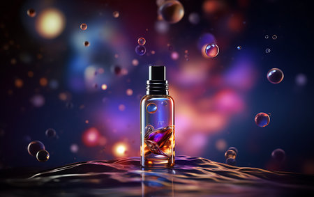 Perfume bottle with colorful drops and splashes on dark backgroundの素材