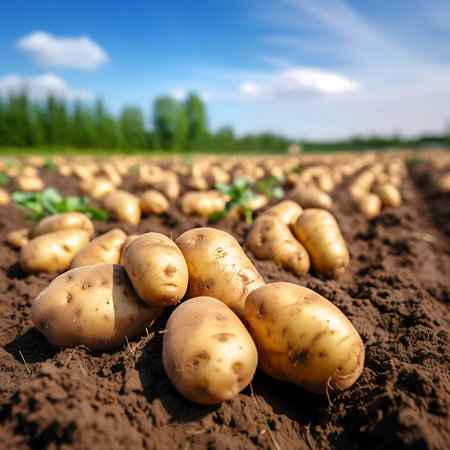 Freshly dug potatoes lying on the ground in the fieldの素材