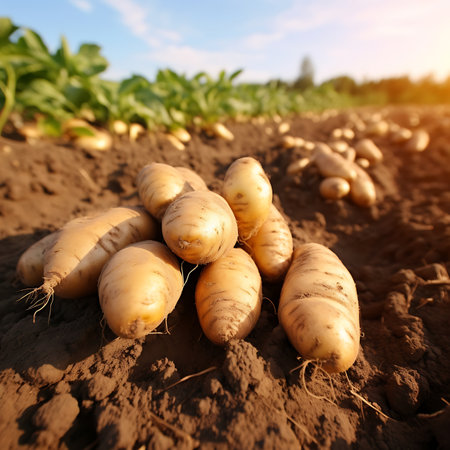 Harvested potatoes on a field in the rays of the setting sunの素材