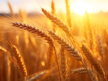 Wheat field. Ears of golden wheat close up. Rich harvest Concept.の素材