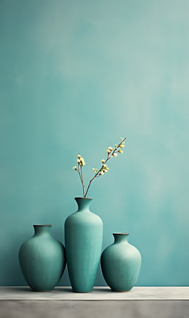 Vase with dried flowers on white table against turquoise wallの素材