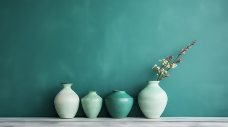Vase with dried flowers on white table against turquoise wallの素材