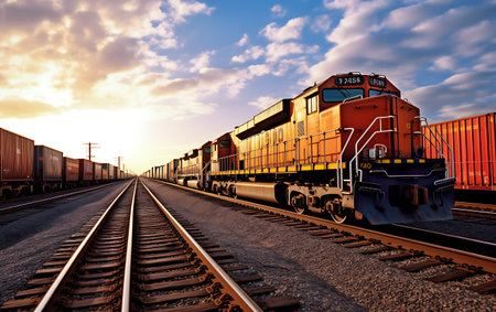 Railway and freight train at sunset, transportation and logistics concept.の素材