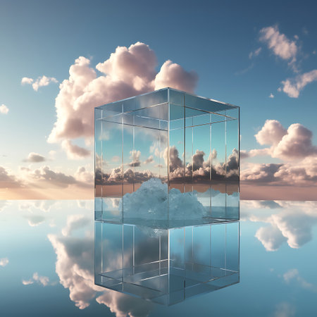 Abstract scene with glass cube and clouds on blue sky reflected in waterの素材