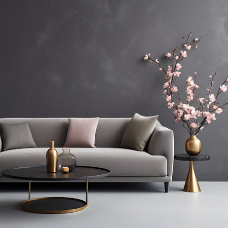 Living room with beige sofa, coffee table and plant. 3d renderの素材