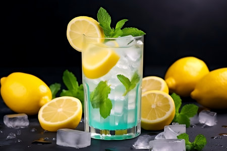 Cocktail with lemon, mint and ice on a black backgroundの素材