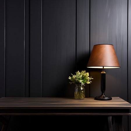 Book and lamp on a wooden table in the roomの素材