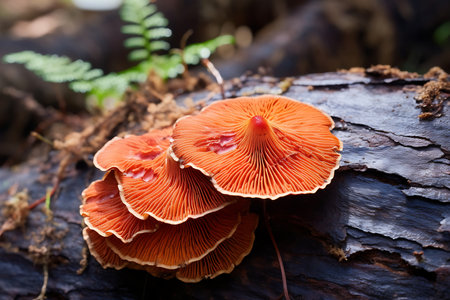 Group of mushrooms growing on a tree trunk in the autumn forestの素材