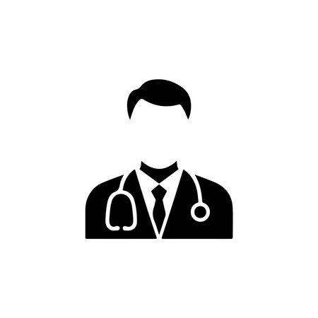 Black and white vector graphic of a doctor icon illustration. Features a simplified male figure wearing a suit, tie, and stethoscope against a white background.のイラスト素材