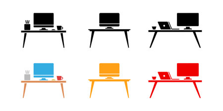 Illustration showing various desktops with computer monitors, laptops, coffee mug, and pen holders, presented with different colors on a white background.のイラスト素材