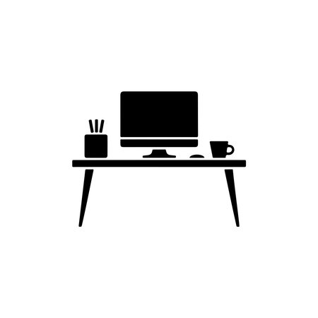 Black silhouette vector illustration of a computer desk with a monitor, pencil holder, and mug, isolated on a white background. Vector work from a front view.のイラスト素材