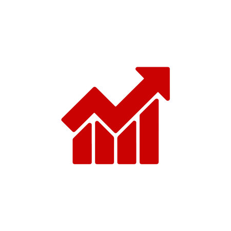 Red graph trending upward with arrow pointing up isolated on a white background. Depicts growth, success, progress, and positive economic trends on white background.のイラスト素材