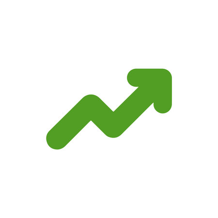 Upward trend arrow in green on white background, rounded corners pointing up and right, representing growth, success, or positive change. The image is clean and vector-based.のイラスト素材