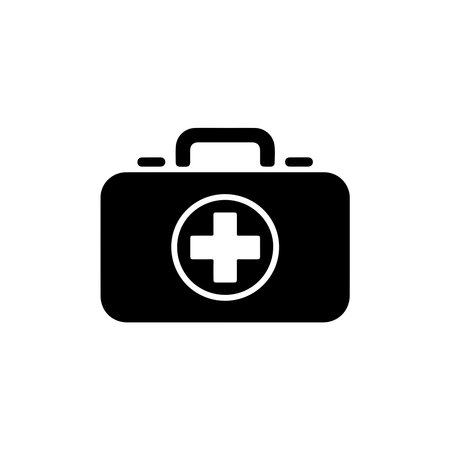 Black medical bag icon with white cross on white background vector illustration for healthcare, first aid and medical related projects and designs.のイラスト素材
