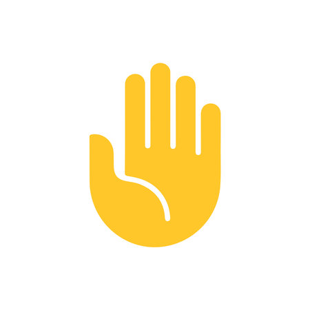 Yellow hand icon on white background, featuring a palm-up gesture, designed with a flat style and simple graphic elements, ideal for various applications.のイラスト素材