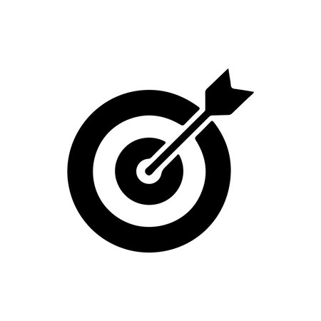 Target icon with arrow hitting center on white background in flat design. Symbolizes goals, success, accuracy and achievement in business and personal life.のイラスト素材