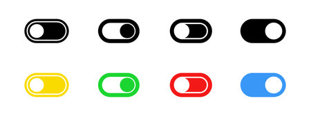Collection of toggle switch icons in various colors, including black, yellow, green, red, and blue,...