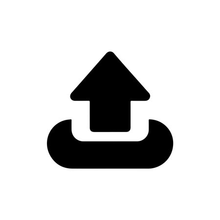 Black upload icon on white background featuring an arrow pointing upwards, conveying file sharing and data transfer with a simple and modern design, perfect for any project.のイラスト素材