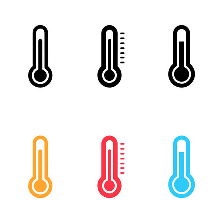 Thermometer icons set in various colors isolated on a clean white background. Vector illustrations of temperature measurement tools. Perfect for weather and health-related designs.のイラスト素材