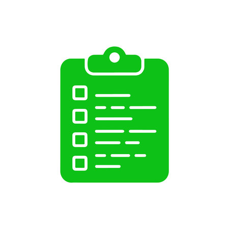 Green clipboard checklist icon on white background, presenting a concept for a to-do list, survey form, or data collection tool in a simple and clean design.のイラスト素材