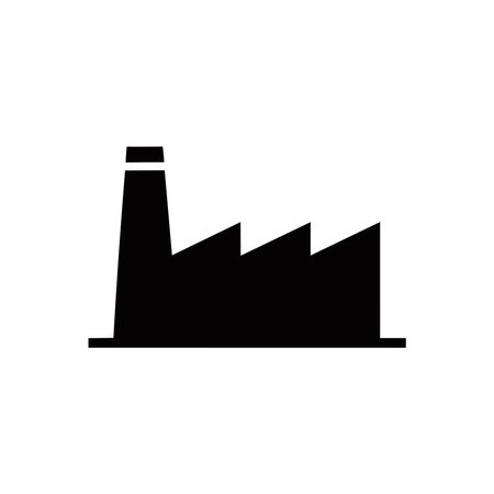 Black factory silhouette icon displaying a building with three sawtooth roofs and a chimney, presented against a clean white background for versatile use.のイラスト素材