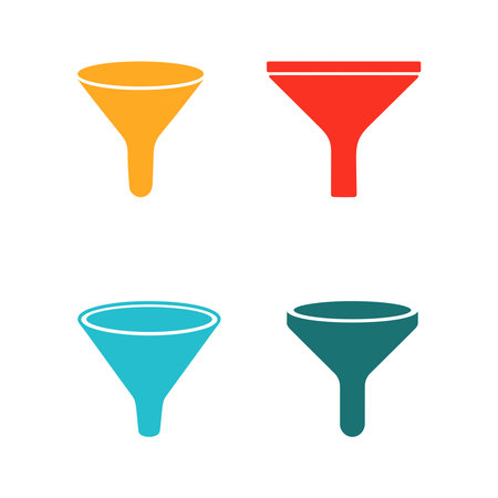Colorful funnel icon set isolated on white background, showcasing various simple flat designs in yellow, red, blue and green colors for graphic design.のイラスト素材