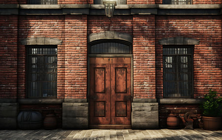A door with glass panes on the front of a brick building. Red brick exteriorの素材