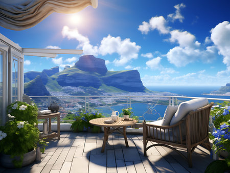 Balcony on the terrace with view on the mountains and cloudsの素材