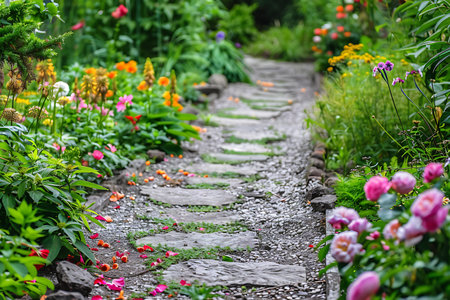 Colorful flowers in the garden. Beautiful summer landscape with colorful flowersの素材