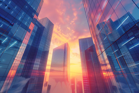 Abstract skyscrapers in the city at sunsetの素材