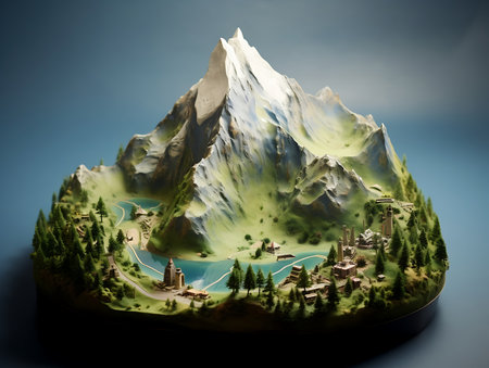Fantasy landscape with mountains and village in glass boxの素材