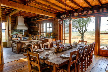 A classic dining room with wooden walls, carpet and furnitureの素材
