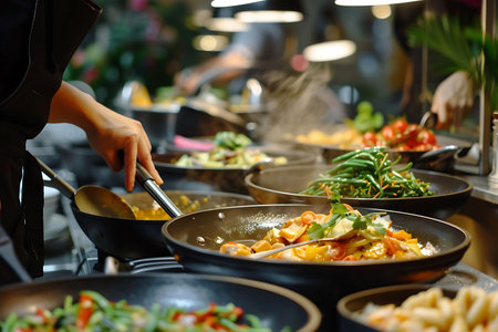 A table with different kinds of food with different bowlsの素材