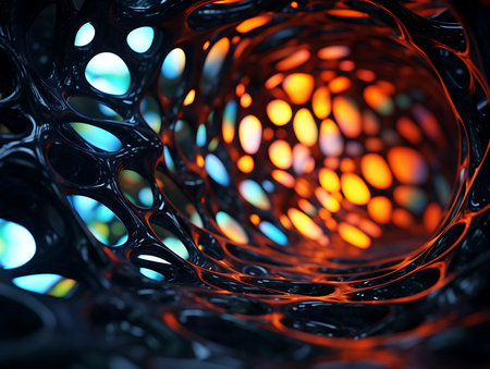 A tunnel with colorful lights stained glass, illuminated various colorsの素材