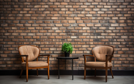 Wooden chairs and table in the living room with brick wall backgroundの素材