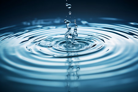 Falling drop of water. Splash effect after collision a falling drop with water Surfaceの素材