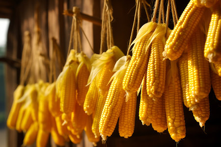 Ripe corn on the cob ready for harvest in a farm.の素材